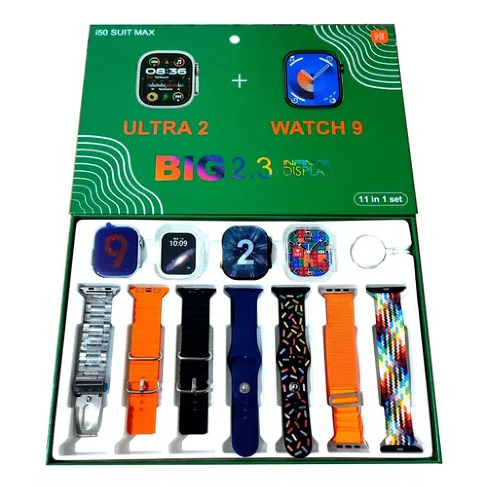 COMBO PAREJA 11X1 🔥2 Reloj Smartwatch 9 y Ultra 2 + 7 Pulsos de reloj + 2 Protectores de relojes🔥