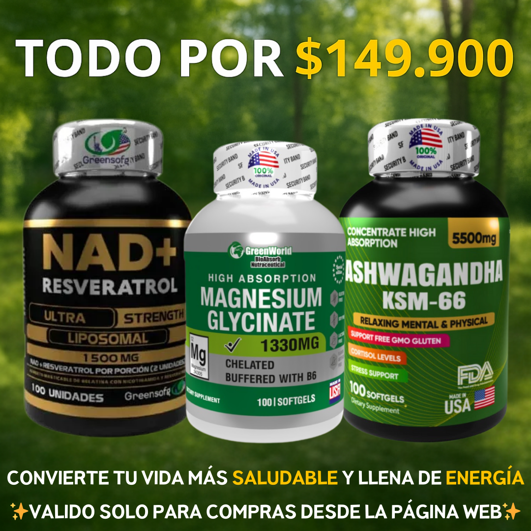 COMBO VITALIDAD MEJORADO⚡NAD + Ashwagandha Ksm-66 + Glicinato de Magnesio💊