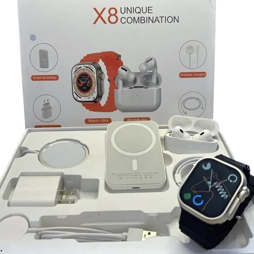 COMBO 5X1 🔥Obtén Reloj SmartWatch X8 Ultra + Audifonos Airpods Pro 2da generación+ Bateria Portátil🔥