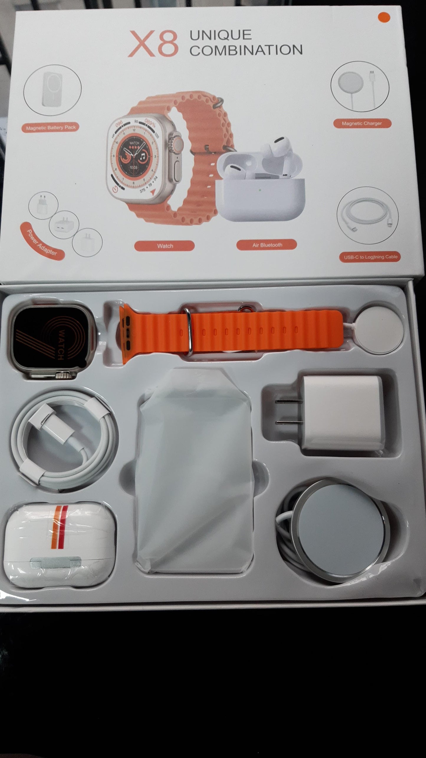 COMBO 5X1 🔥Obtén Reloj SmartWatch X8 Ultra + Audifonos Airpods Pro 2da generación+ Bateria Portátil🔥