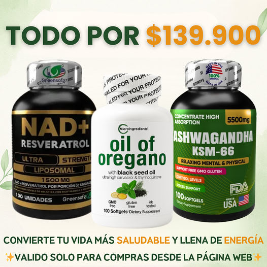 COMBO TRIPLE BIENESTAR⚡NAD + Ashwagandha Ksm-66 + Oil of Oregano💊
