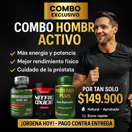 COMBO HOMBRE ACTIVO⚡Ashwagandha KSM-66 + Nitric Oxide Booster + Prostate Plus 💊