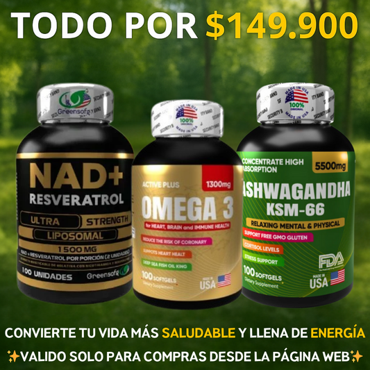 COMBO ENERGIA X3 ⚡ NAD + Ashwagandha KSM-66 + OMEGA 3⚡