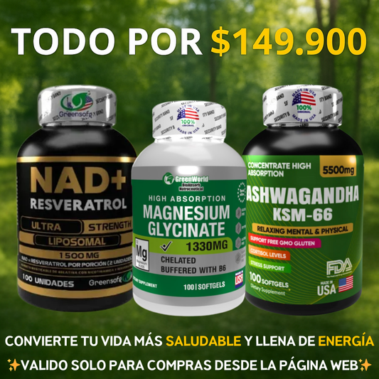COMBO VITALIDAD MEJORADO⚡NAD + Ashwagandha Ksm-66 + Glicinato de Magnesio💊