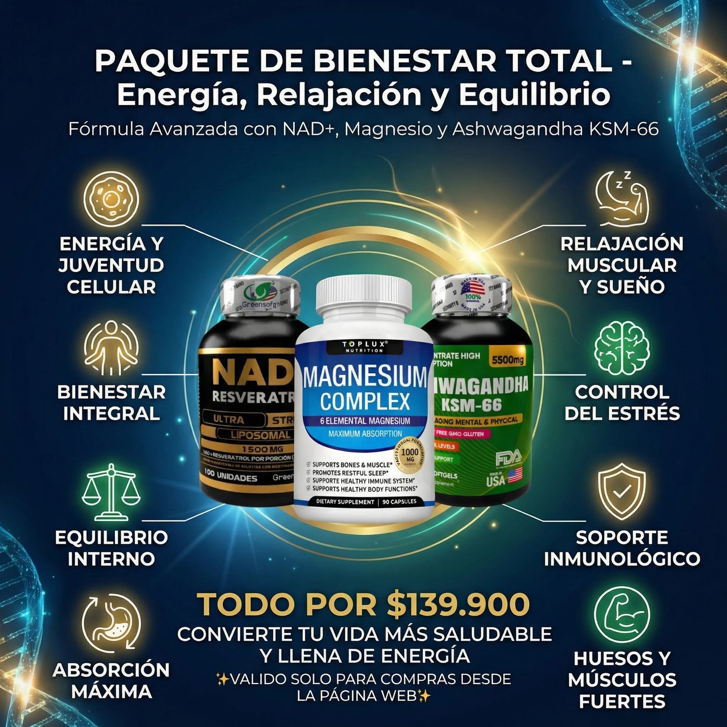 COMBO VITALIDAD⚡NAD + Ashwagandha + Citrato de Magnesio💊